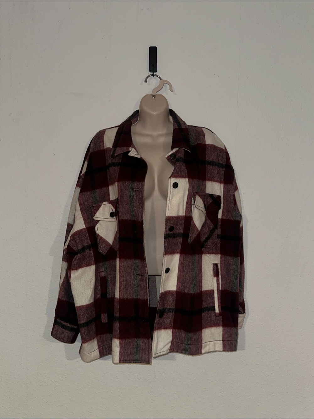 Zara Burgundy and Cream Plaid Utility Jacket